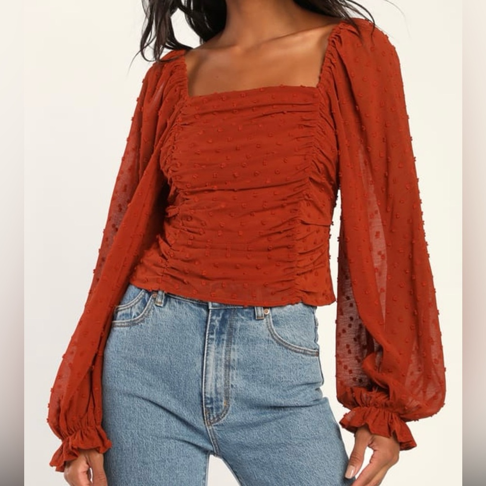Ready to Romance, Rust Orange Ruched Long-Sleeve Top